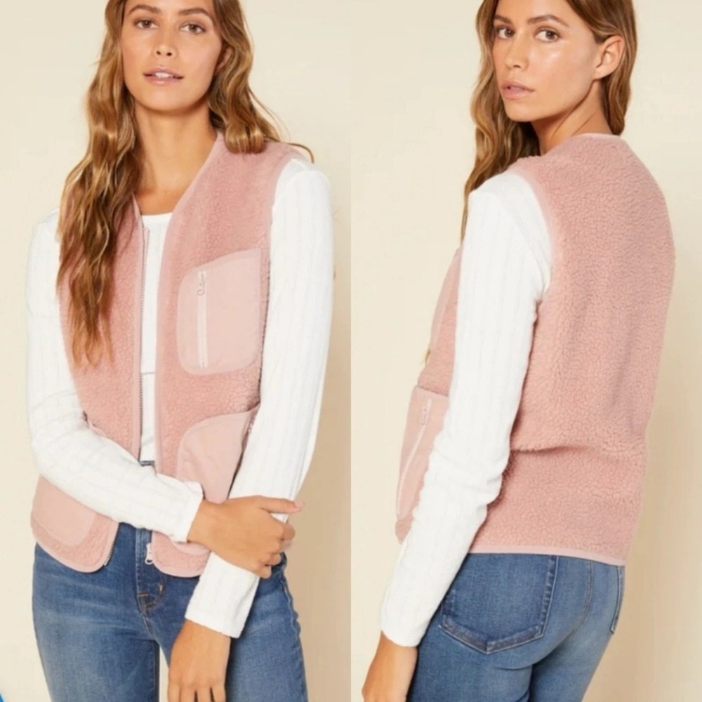OUTERKNOWN Womens S Windrift Sherpa Vest Pink Zip Front Fleece Zip Pockets